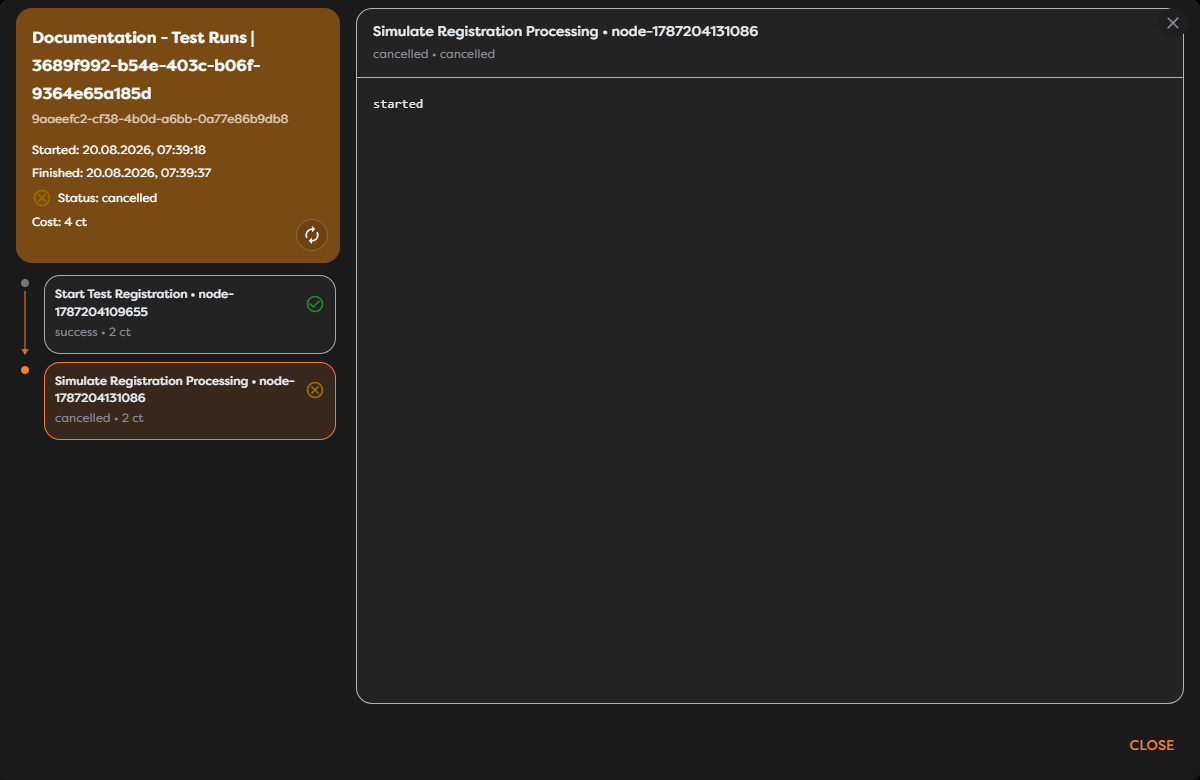 A cancelled test with the completed trigger preserved and the active block marked cancelled