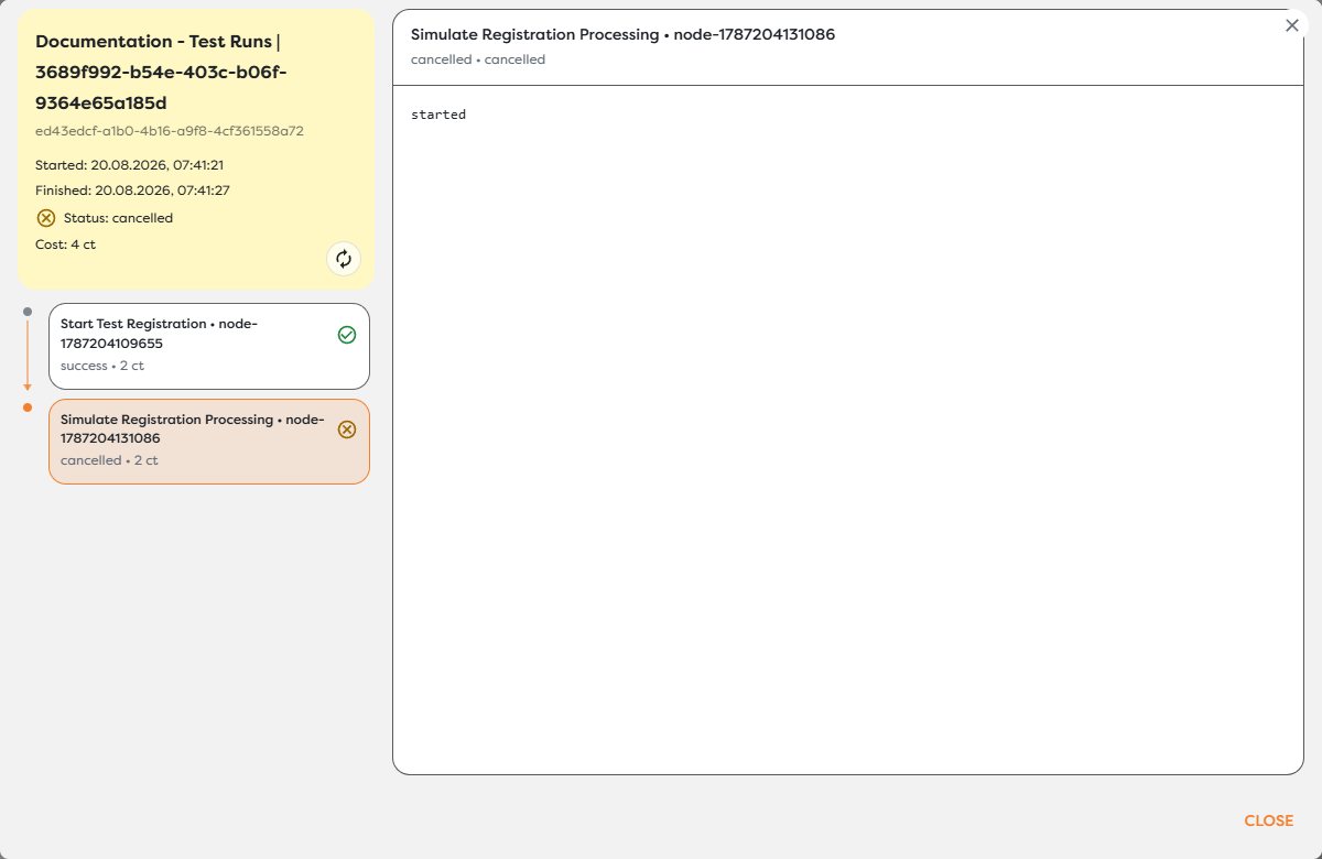 A cancelled test with the completed trigger preserved and the active block marked cancelled