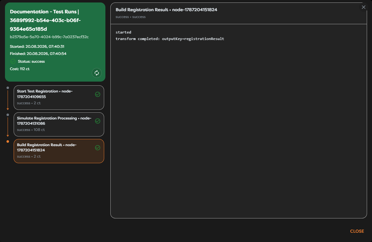 A successful test run with all workflow blocks complete and transform logs selected