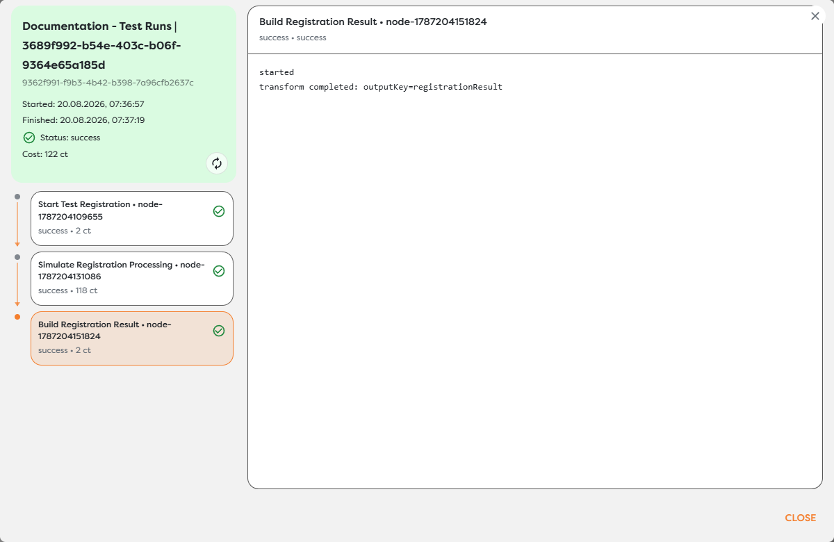 A successful test run with all workflow blocks complete and transform logs selected