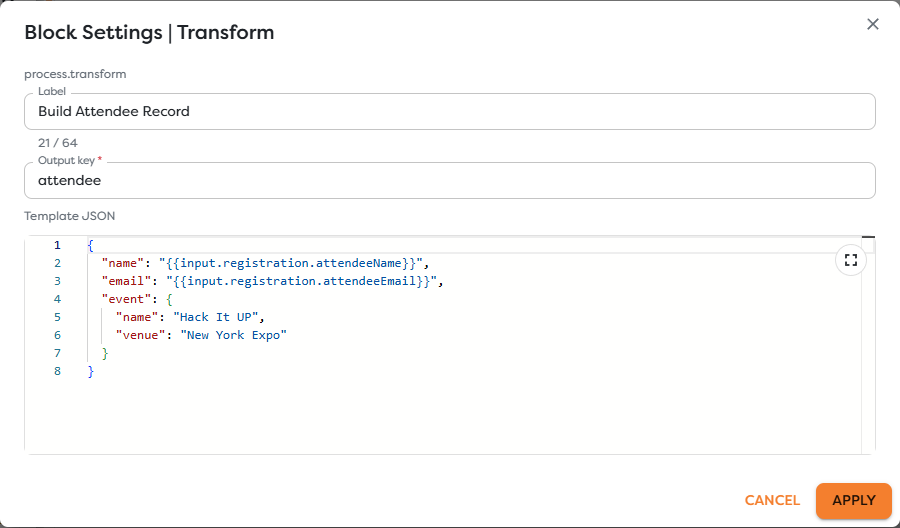 A Transform block building a clean attendee record with New York Expo event data