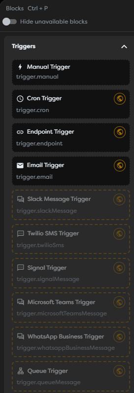 The trigger catalog with manual, public, mailbox, messaging, and queue entry points