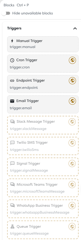 The trigger catalog with manual, public, mailbox, messaging, and queue entry points