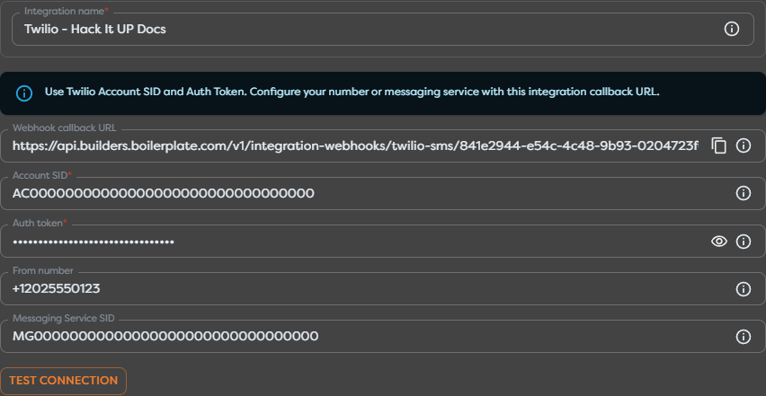 A Twilio SMS integration with its Builders callback URL, masked Auth Token, and sender settings