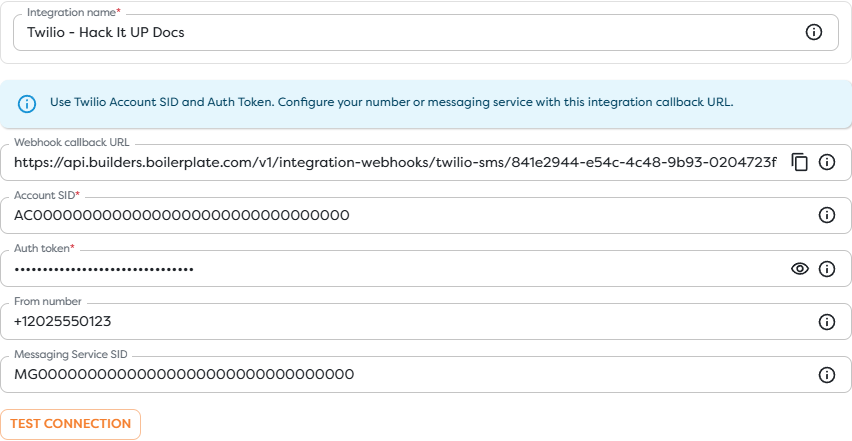 A Twilio SMS integration with its Builders callback URL, masked Auth Token, and sender settings