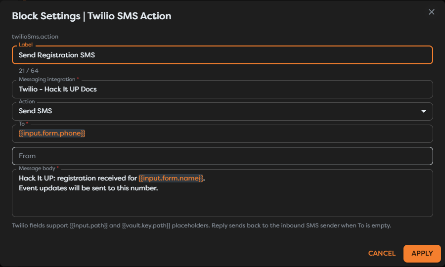 Twilio SMS Action configured to confirm an event registration