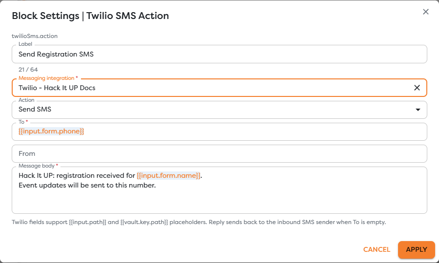 Twilio SMS Action configured to confirm an event registration