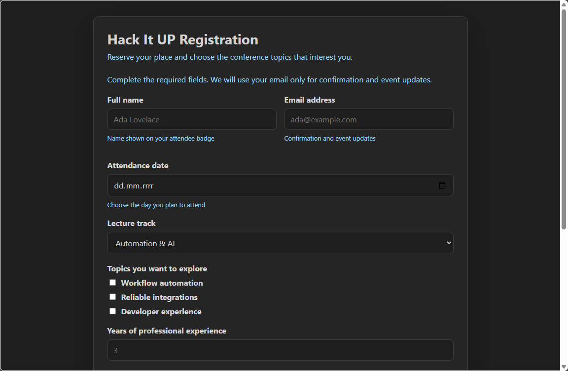 The rendered Hack It UP registration form in the Web Form preview
