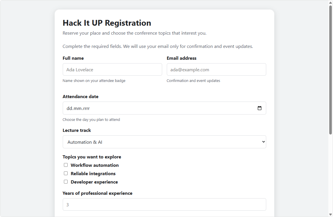 The rendered Hack It UP registration form in the Web Form preview