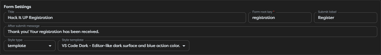 Web Form settings for the Hack It UP registration form