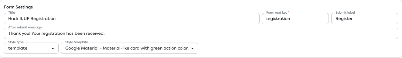 Web Form settings for the Hack It UP registration form