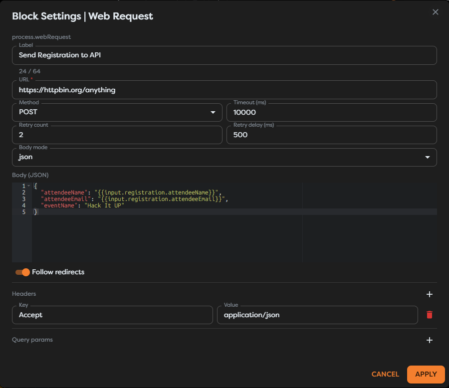 A POST Web Request sending structured event registration data
