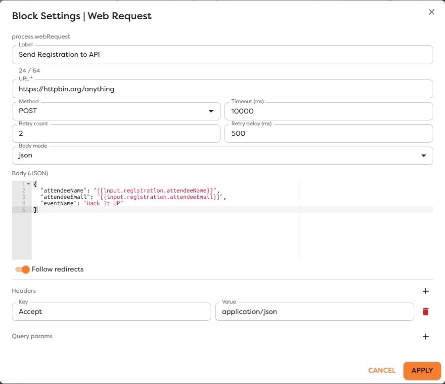 A POST Web Request sending structured event registration data