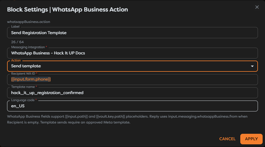 WhatsApp Business Action configured with an approved event-registration template
