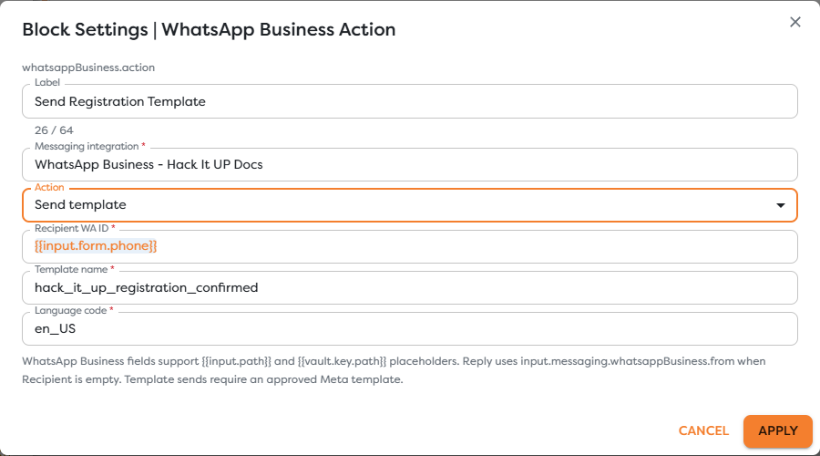 WhatsApp Business Action configured with an approved event-registration template