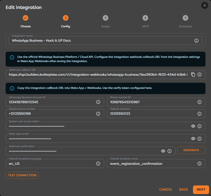 A WhatsApp Business integration with its callback URL, WABA and phone identifiers, protected Meta credentials, and outbound template defaults