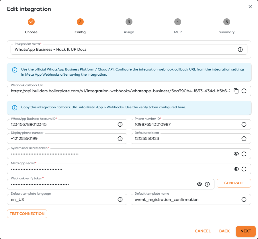 A WhatsApp Business integration with its callback URL, WABA and phone identifiers, protected Meta credentials, and outbound template defaults