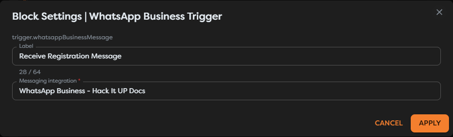 WhatsApp Business Trigger configured with the integration that receives Meta message webhooks