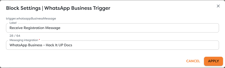 WhatsApp Business Trigger configured with the integration that receives Meta message webhooks