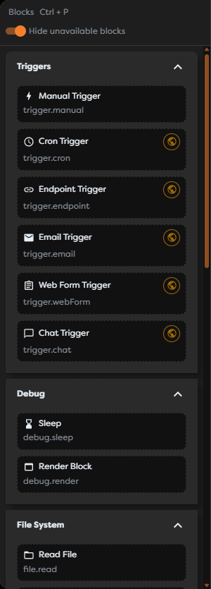 The Workflow Designer block catalog