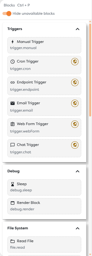 The Workflow Designer block catalog