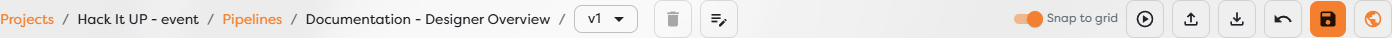 The Workflow Designer breadcrumb, version selector, and editing toolbar